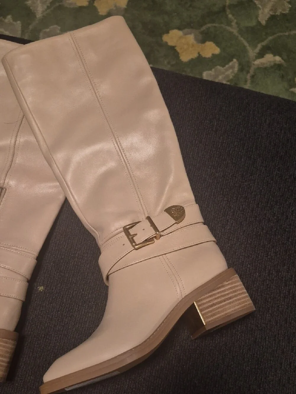 Vince Camuto Cream Leather Over-the-Knee Boots with Gold Buckle